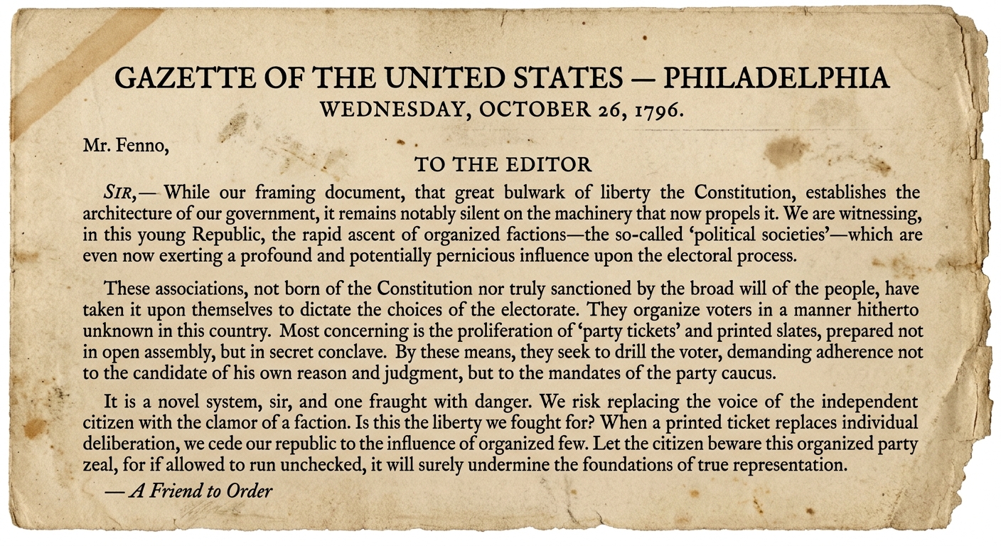 Aged 1796 Philadelphia newspaper clipping with a letter to the editor describing political parties organizing voters, showing an unwritten change in politics.