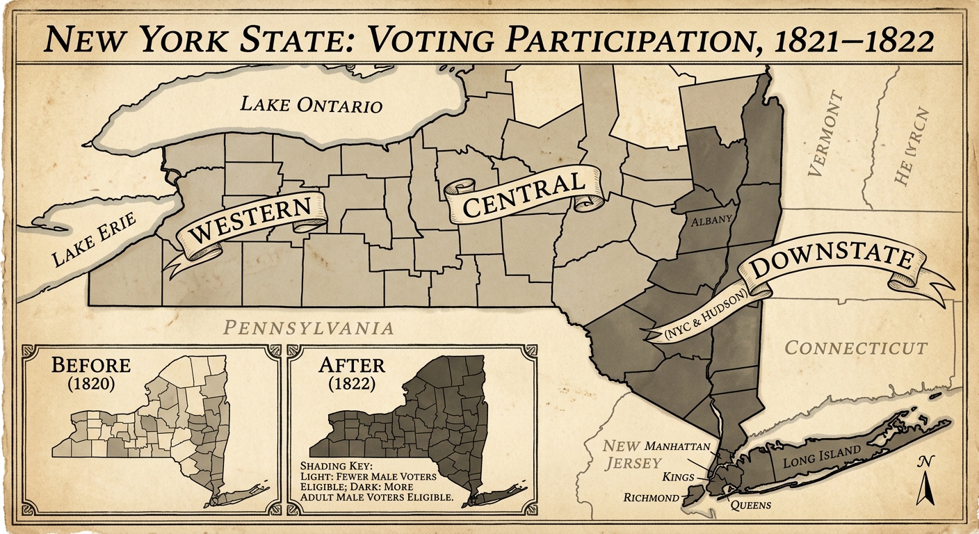 Historical-style map of New York State with two insets comparing before 1820 and after 1822 shading to show expanded voting eligibility across regions.