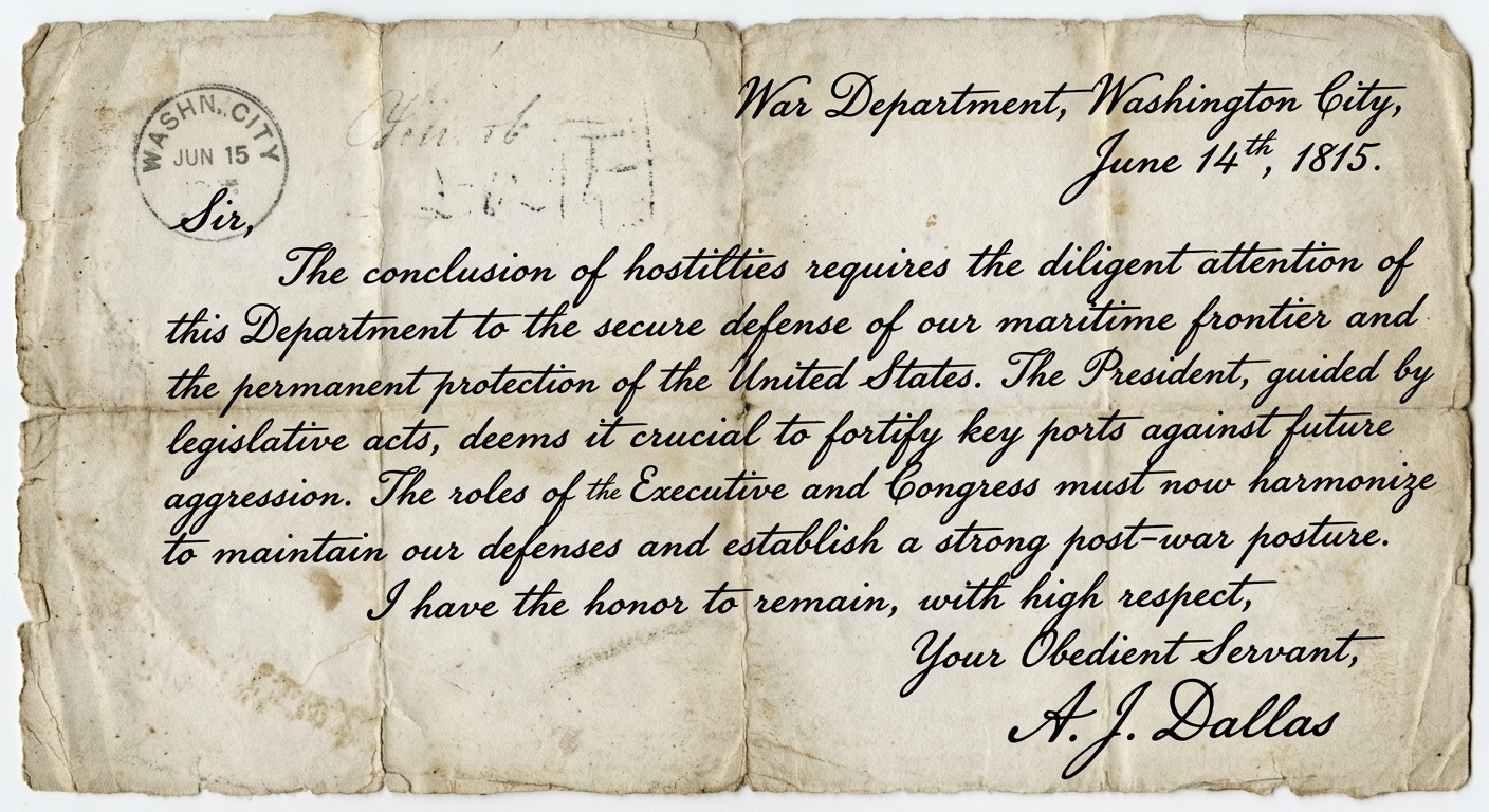 A black-and-white scan of a handwritten 1815 letter from Washington City about defending U.S. ports, with cursive writing, a date line, and an ink signature.