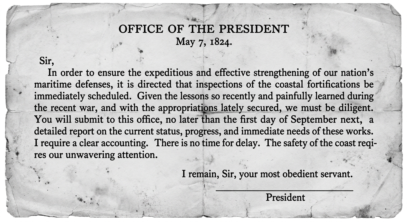 A black-and-white facsimile of an 1824 presidential office directive about coastal fortification inspections, with date and signature on aged paper.