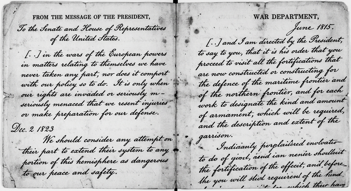 A black-and-white split-page facsimile showing two dated excerpts: an 1815 War Department letter about port defense and an 1823 message to Congress about European interference in the Americas.