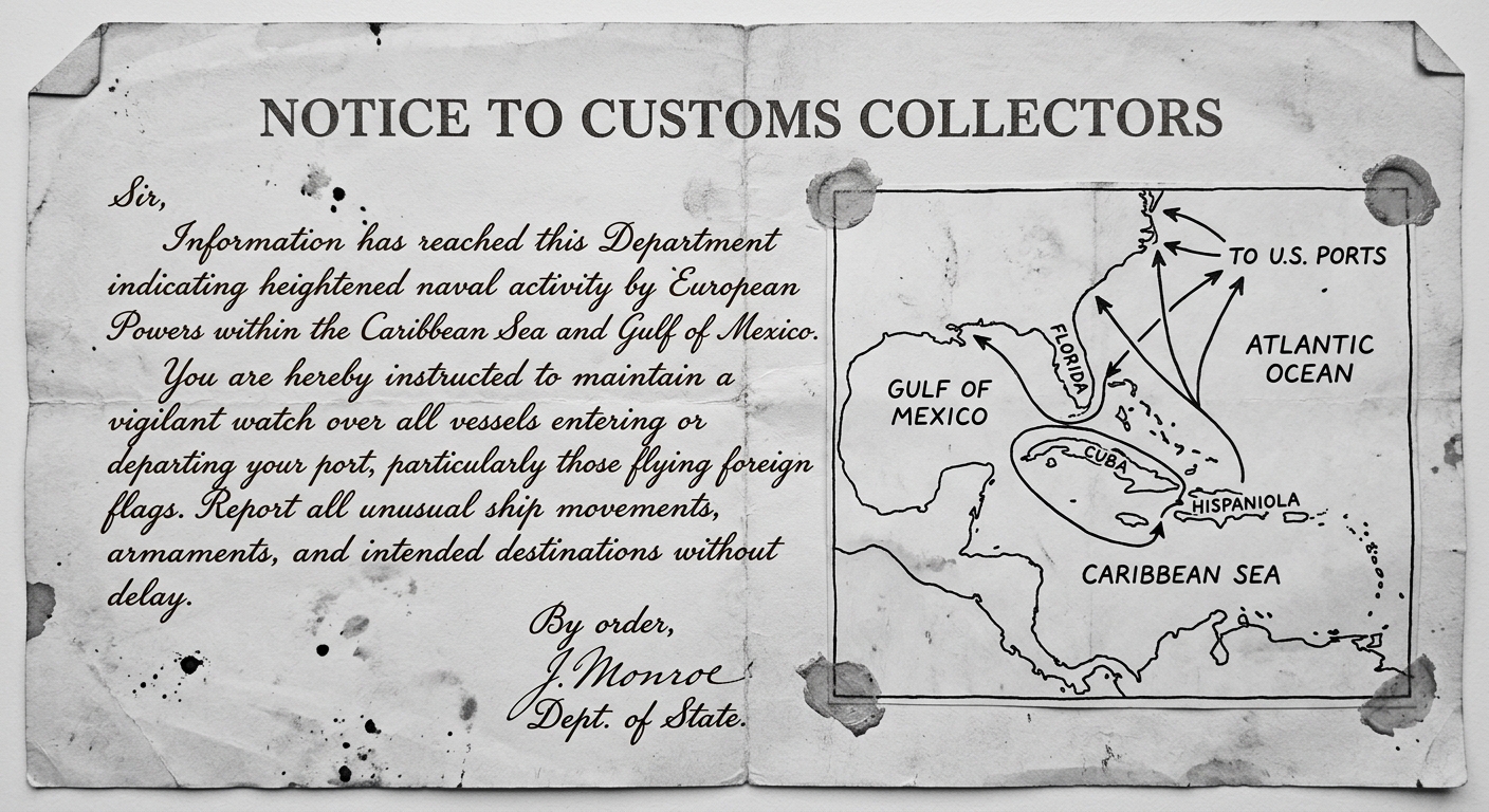 A black-and-white facsimile of an 1823 customs circular with a simple map of the Caribbean and Gulf of Mexico labeling Florida, Cuba, Hispaniola, and sea routes to U.S. ports.