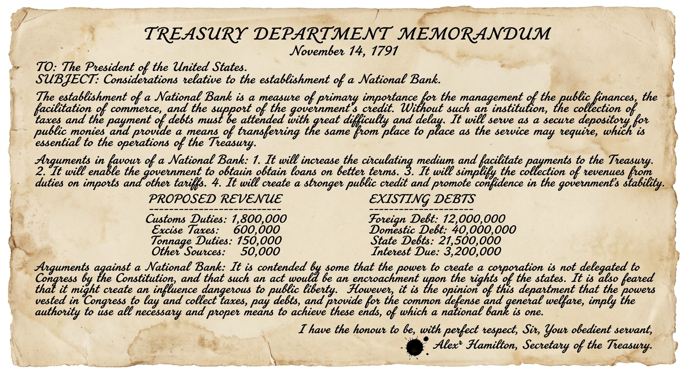 A black-and-white facsimile of a 1791 Treasury Department memorandum about creating a national bank, with a small table of revenue and debts on aged paper.