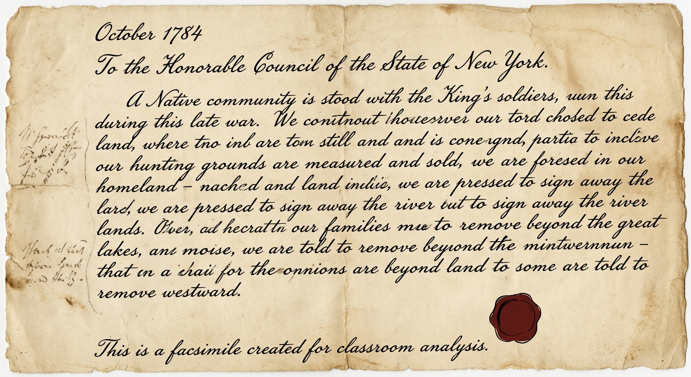 null Facsimile handwritten petition dated October 1784 to New York officials describing a Native community’s alliance with Britain and the resulting pressure to give up land and move west.