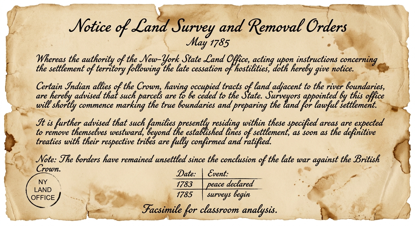 null Facsimile handwritten notice dated May 1785 about land surveys and removal expectations for Native allies of Britain after the American Revolution.