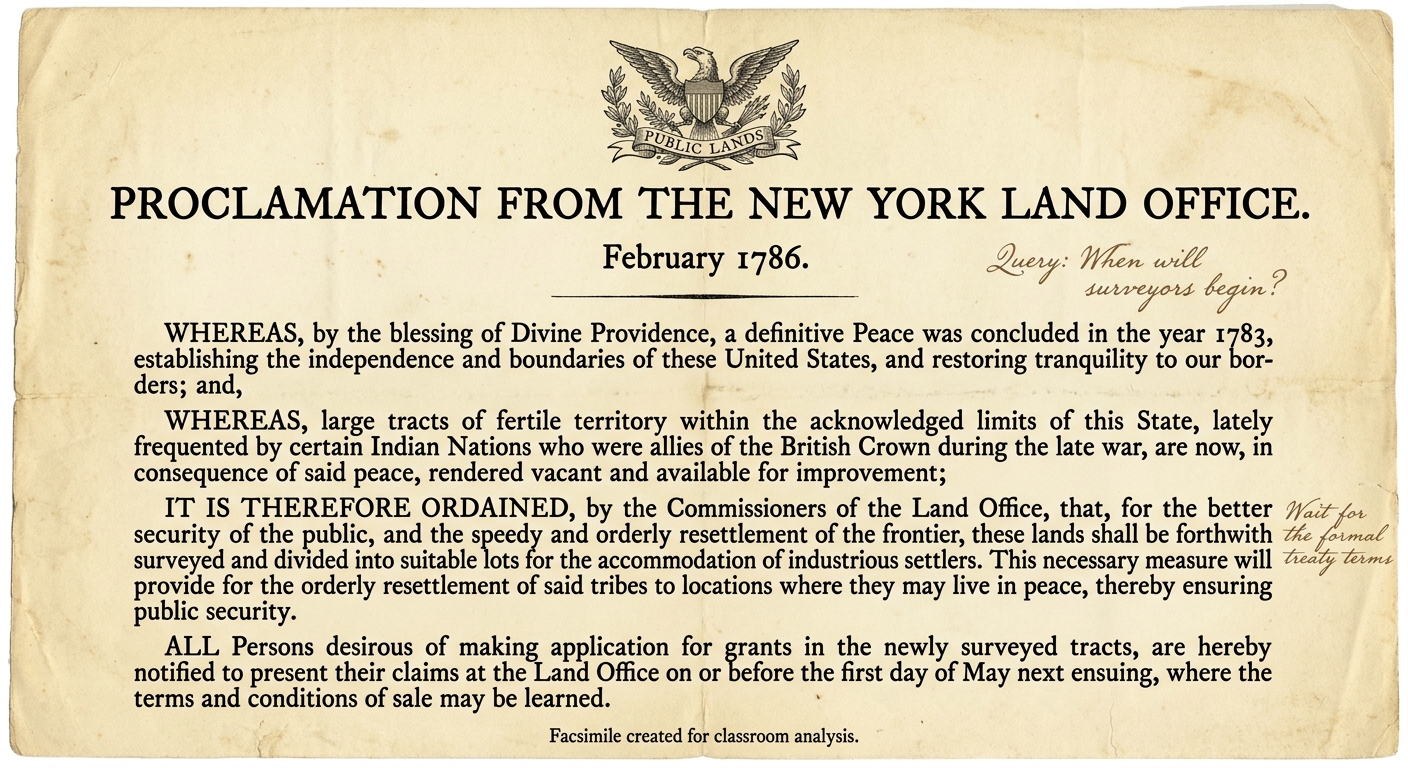 null Facsimile printed proclamation dated February 1786 from a New York land office describing postwar land surveys and removal as orderly resettlement.