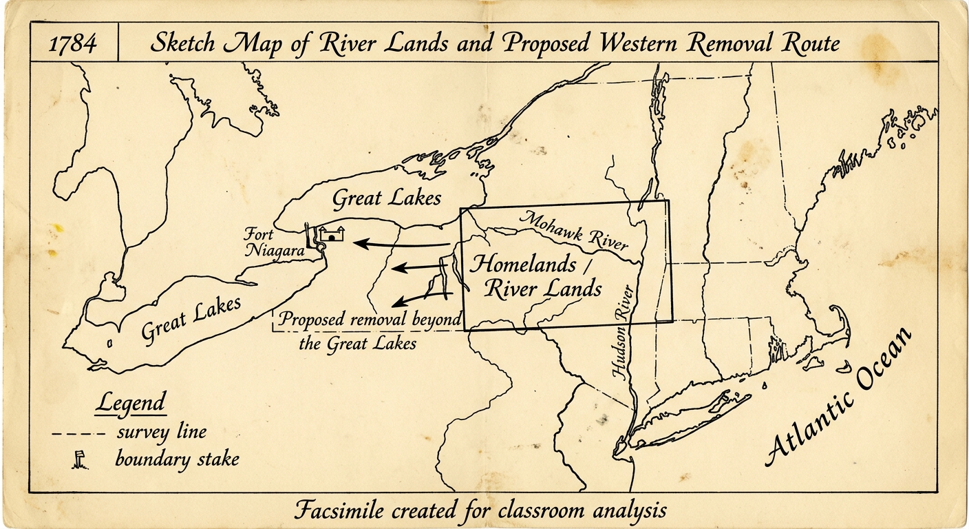 null Facsimile hand-drawn 1784 sketch map showing river lands in New York and a proposed westward removal route toward the Great Lakes.