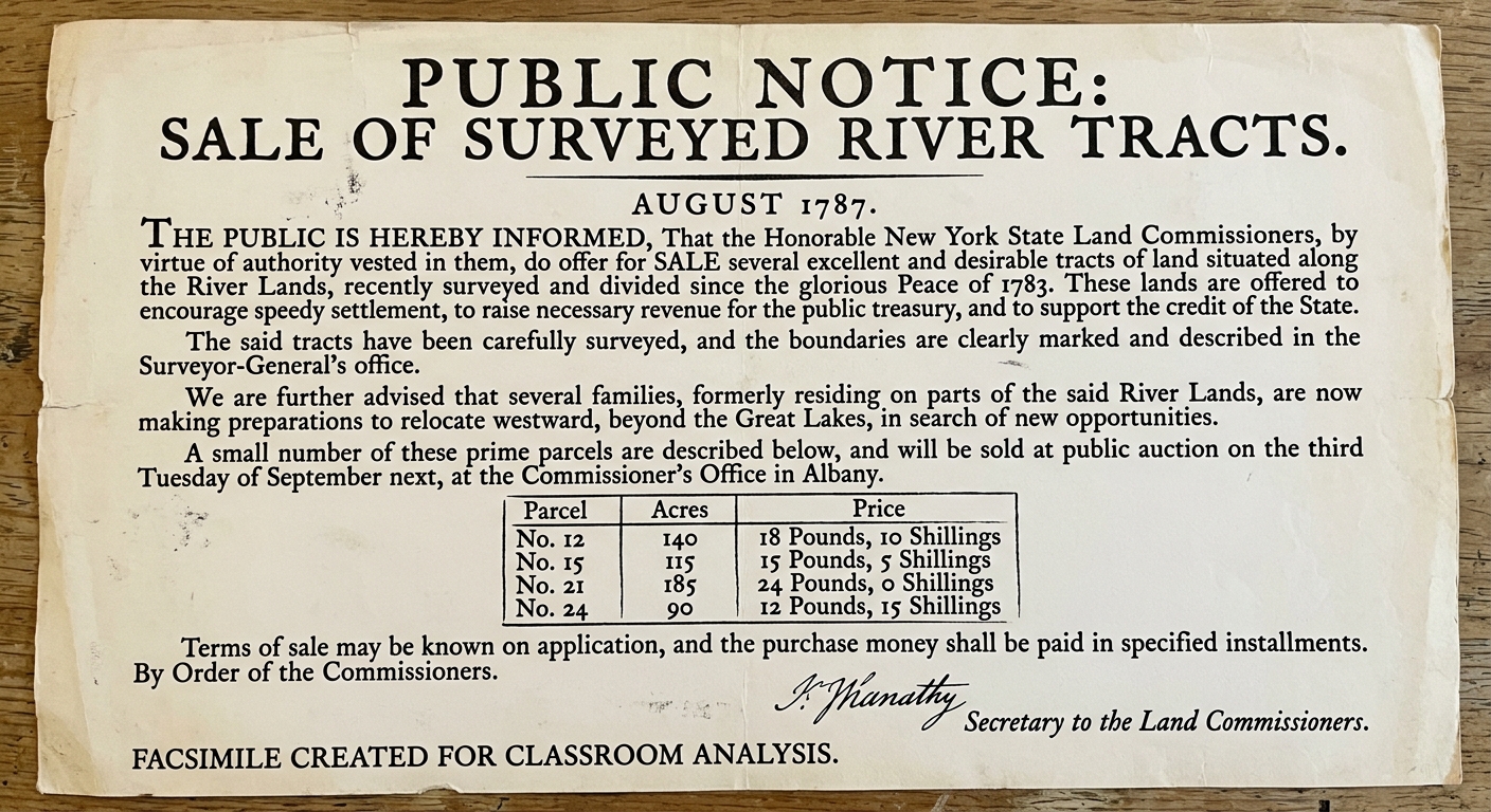 null Facsimile printed 1787 land sale notice listing surveyed river parcels, prices, and a note about relocation of Native families west.