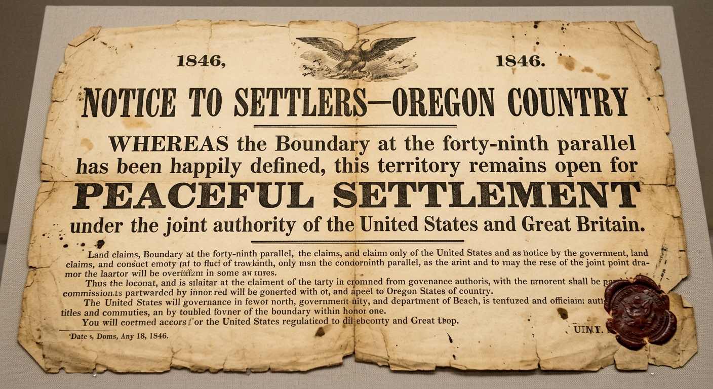 Aged 1840s-style broadside titled “Notice to Settlers—Oregon Country,” with creases, smudges, and an eagle header; the text references a boundary at the forty-ninth parallel and peaceful settlement.
