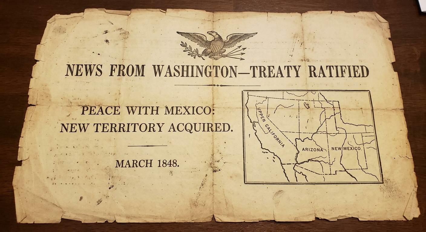 Aged 1848-style broadside titled “News From Washington—Treaty Ratified,” dated March 1848, mentioning peace with Mexico and new territory, with an eagle emblem and a small map inset.