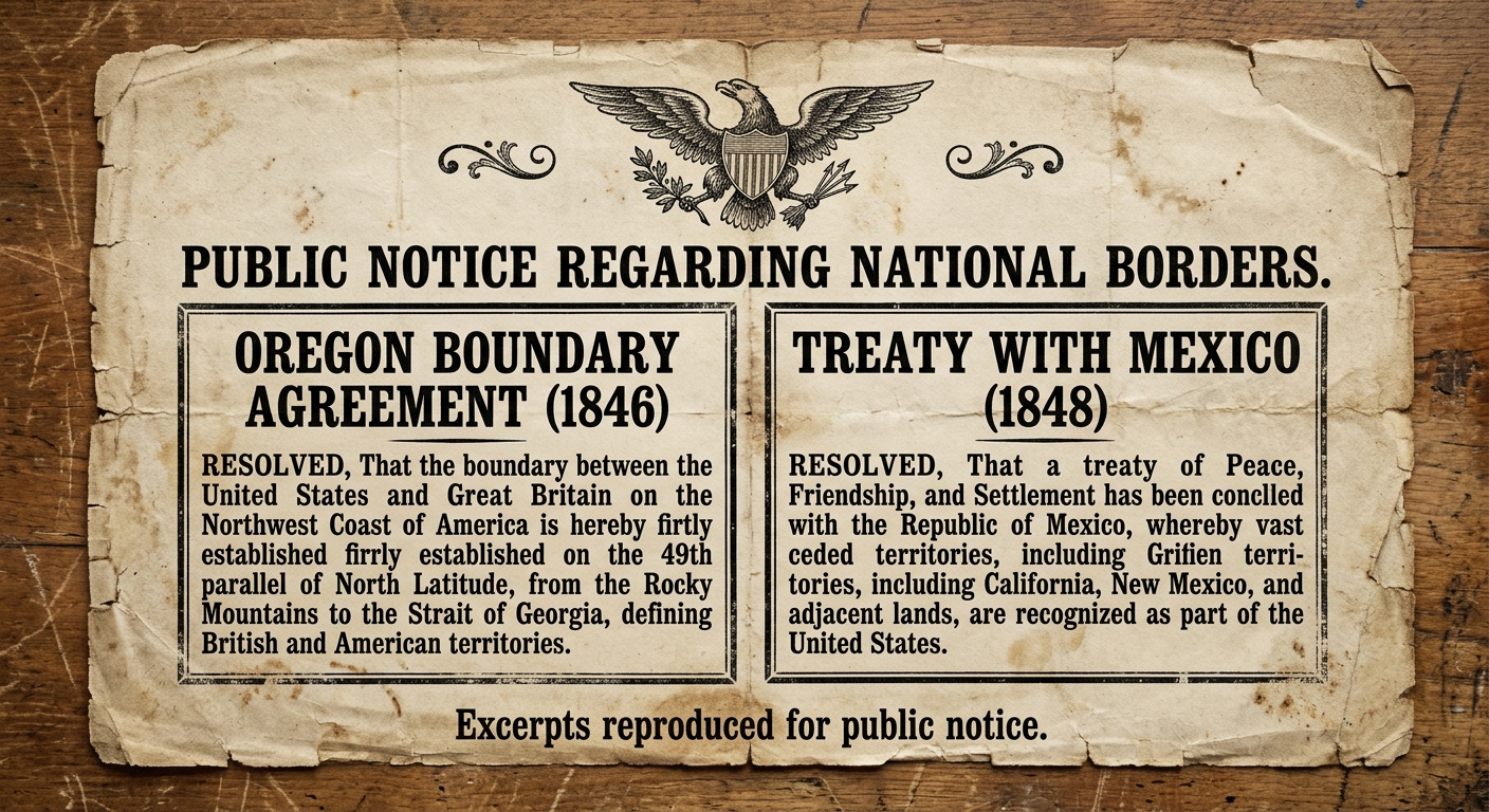 Aged broadside showing two excerpt boxes side by side: one about the 1846 Oregon boundary with Great Britain and one about an 1848 treaty with Mexico, with an eagle emblem and worn paper.