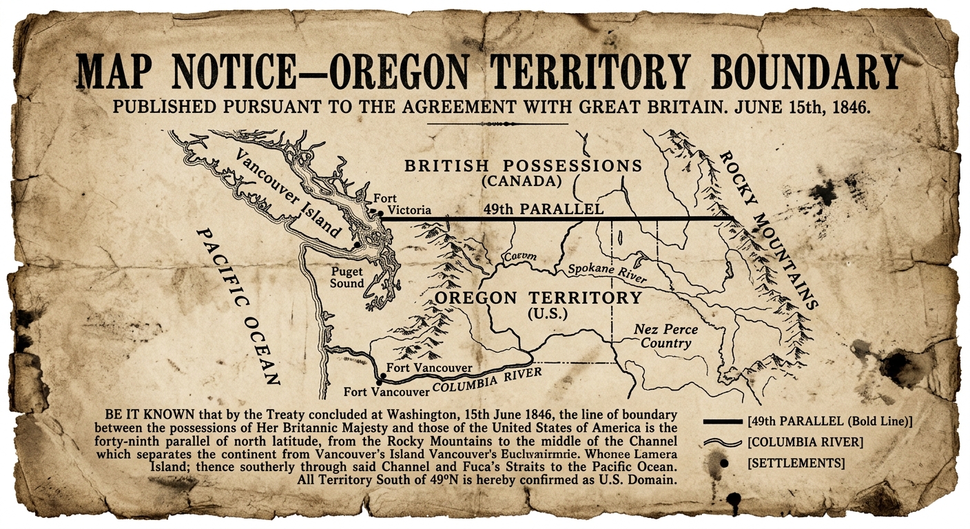 Aged 1840s-style map notice showing the Oregon Territory region with a boundary line at the 49th parallel between U.S. and British lands, with labeled rivers and mountains.