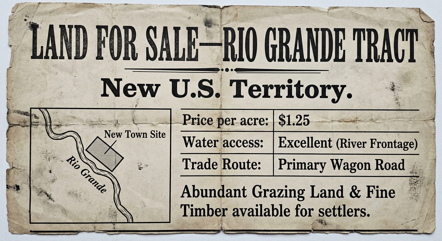 Aged 1850s-style land sale broadside advertising land in a new U.S. territory, with a small river map inset and a table listing price per acre, water access, and trade route.