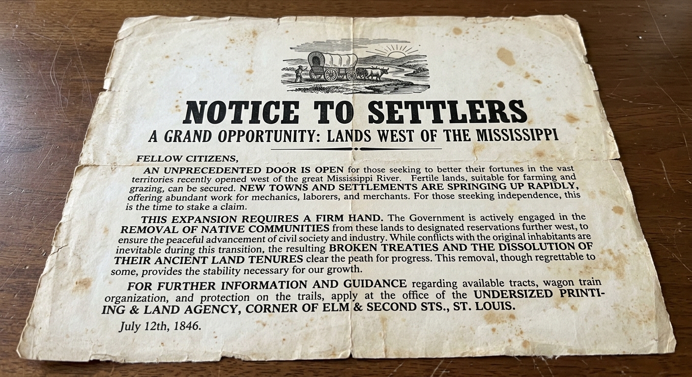null Aged 1840s-style printed broadside titled "NOTICE TO SETTLERS" about moving west, with a small illustration of a covered wagon and text describing opportunities and conflicts.