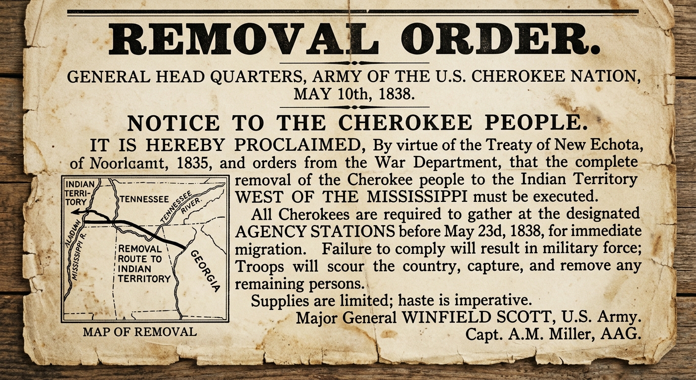 null Aged 1830s-style newspaper notice about removal with a printed date near the top and a small map labeled "Removal Route."