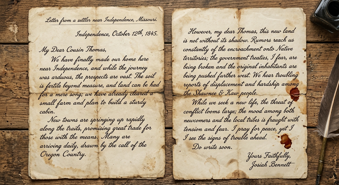 null Two-page 1845-style handwritten settler letter with a visible date line and cursive text describing opportunities and conflicts of moving west.
