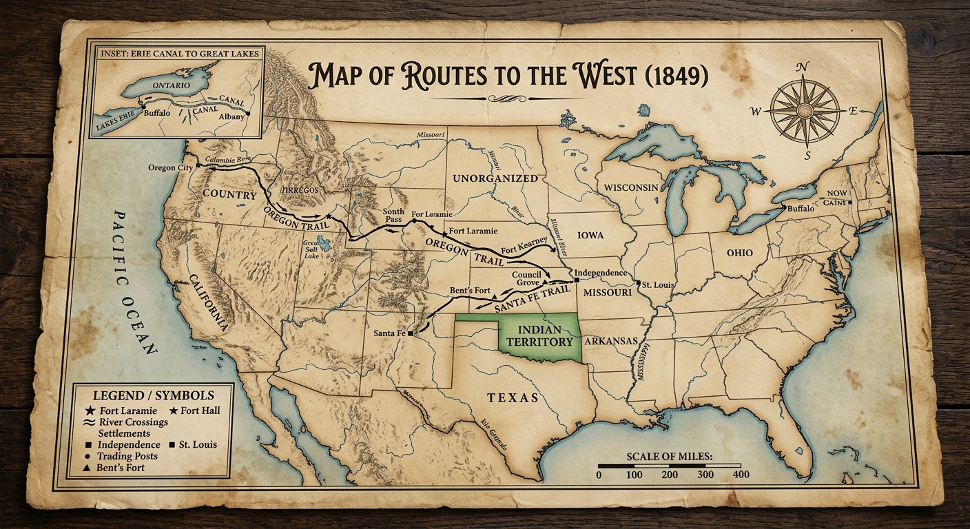null An aged 1849-style map labeled "Routes to the West" showing trails, rivers, forts, and a shaded area labeled "Indian Territory."