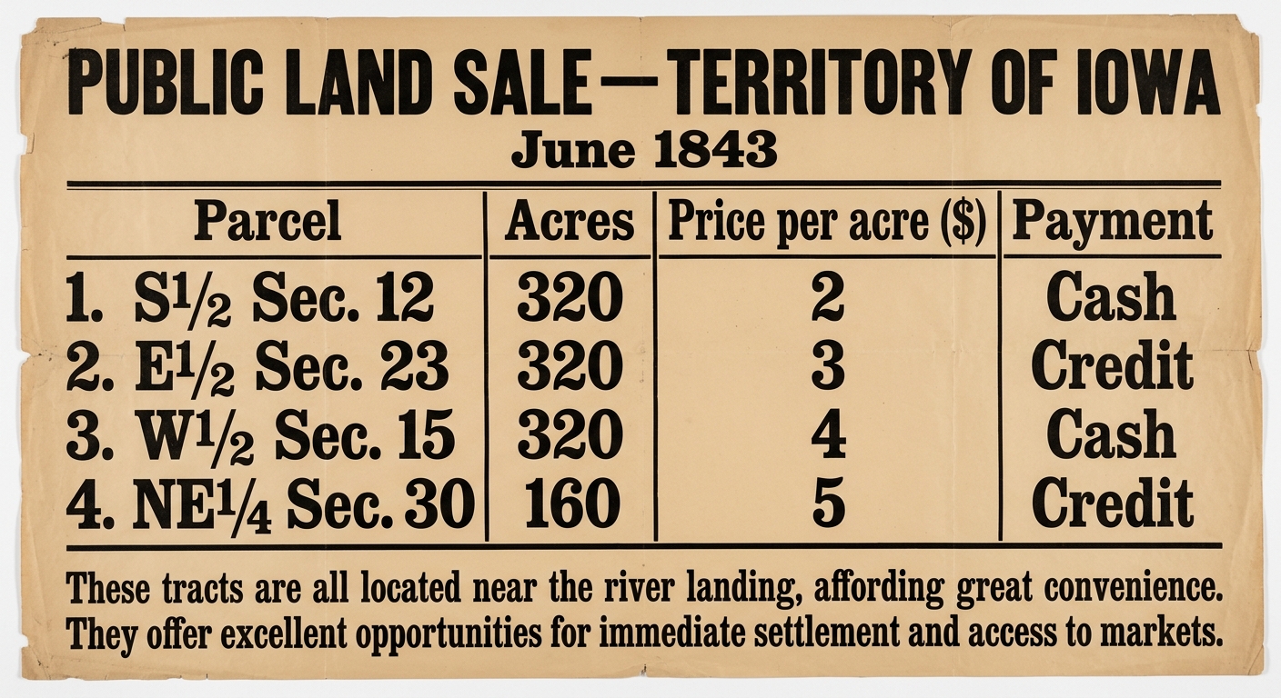 null High-contrast 1843 land sale broadside with a readable price table and notes about access to markets.