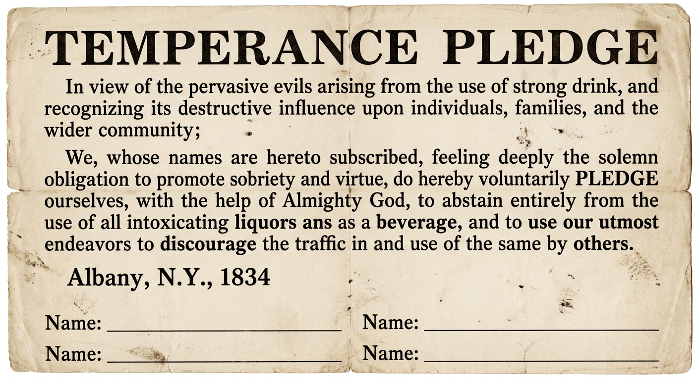 Sepia-toned 1830s temperance pledge broadside from Albany, New York, with a bold title, short pledge text, and blank signature lines.