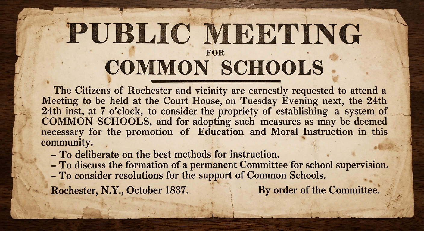 Sepia-toned 1837 Rochester, New York handbill announcing a public meeting to improve common schools, with agenda items and a committee signature.