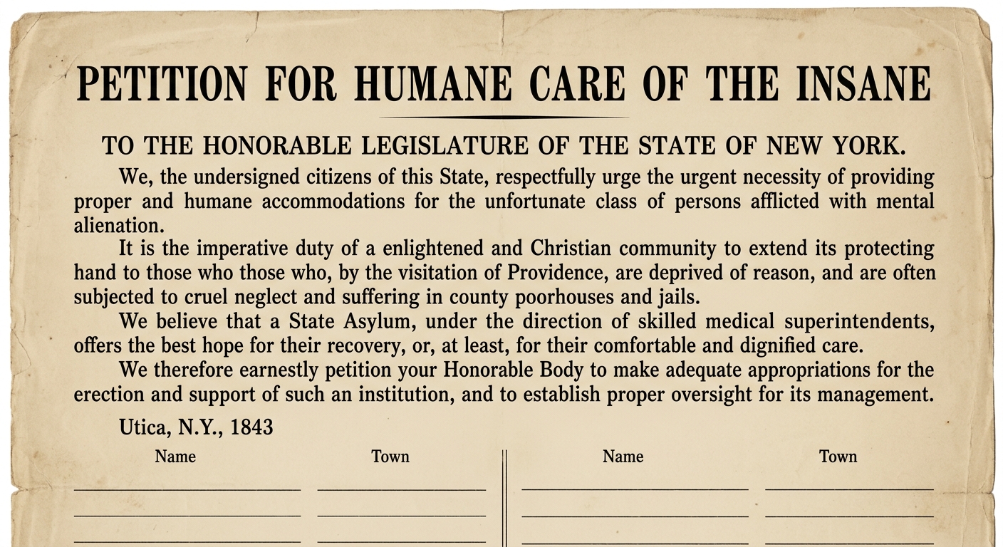 Sepia-toned 1843 petition broadside from Utica, New York asking the state legislature to support humane treatment in a state asylum, with blank signature lines.