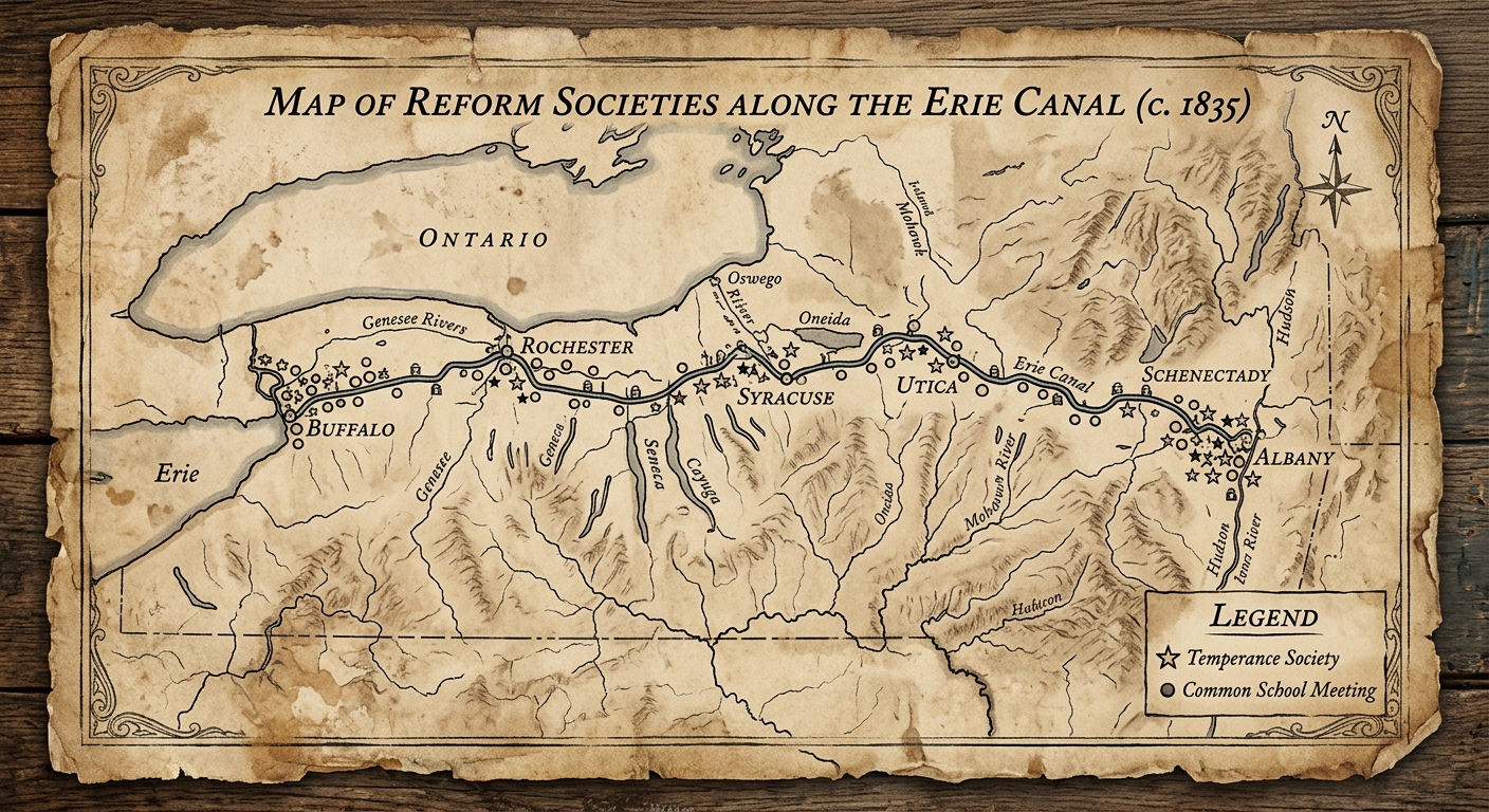 Sepia-toned 1835-style map of New York showing the Erie Canal from Albany to Buffalo with symbols marking reform society locations and a legend.