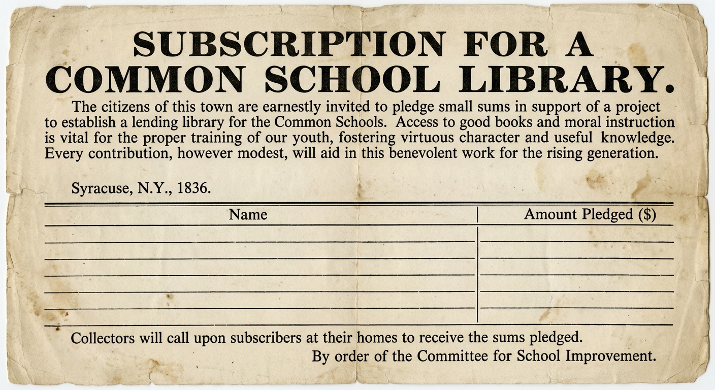 Sepia-toned 1836 Syracuse, New York subscription broadside inviting residents to pledge money for a common school library, with blank name and amount lines.