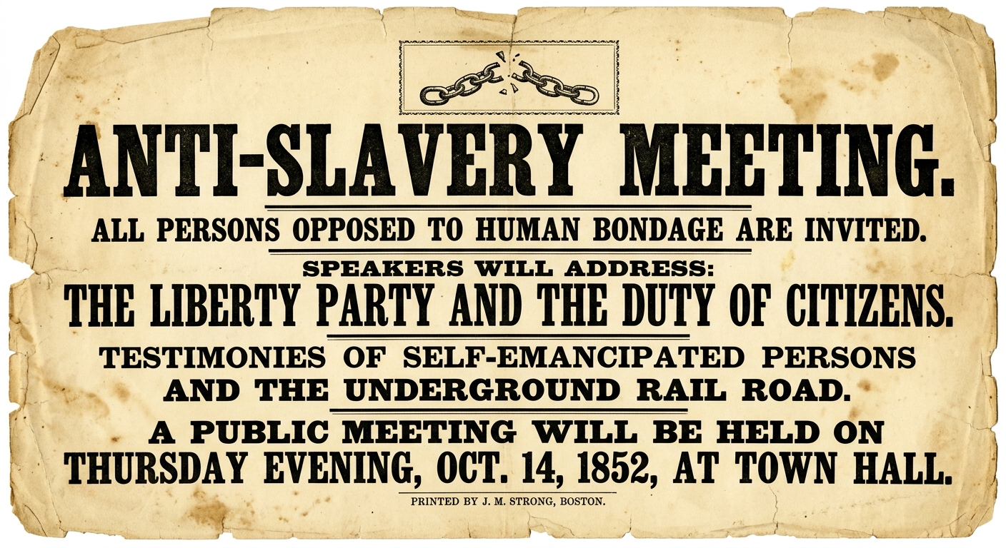 null A black-and-white 1850s abolitionist handbill titled “ANTI-SLAVERY MEETING,” inviting the public to a town hall event and mentioning the Liberty Party, testimonies of self-emancipated people, and the Underground Rail Road.
