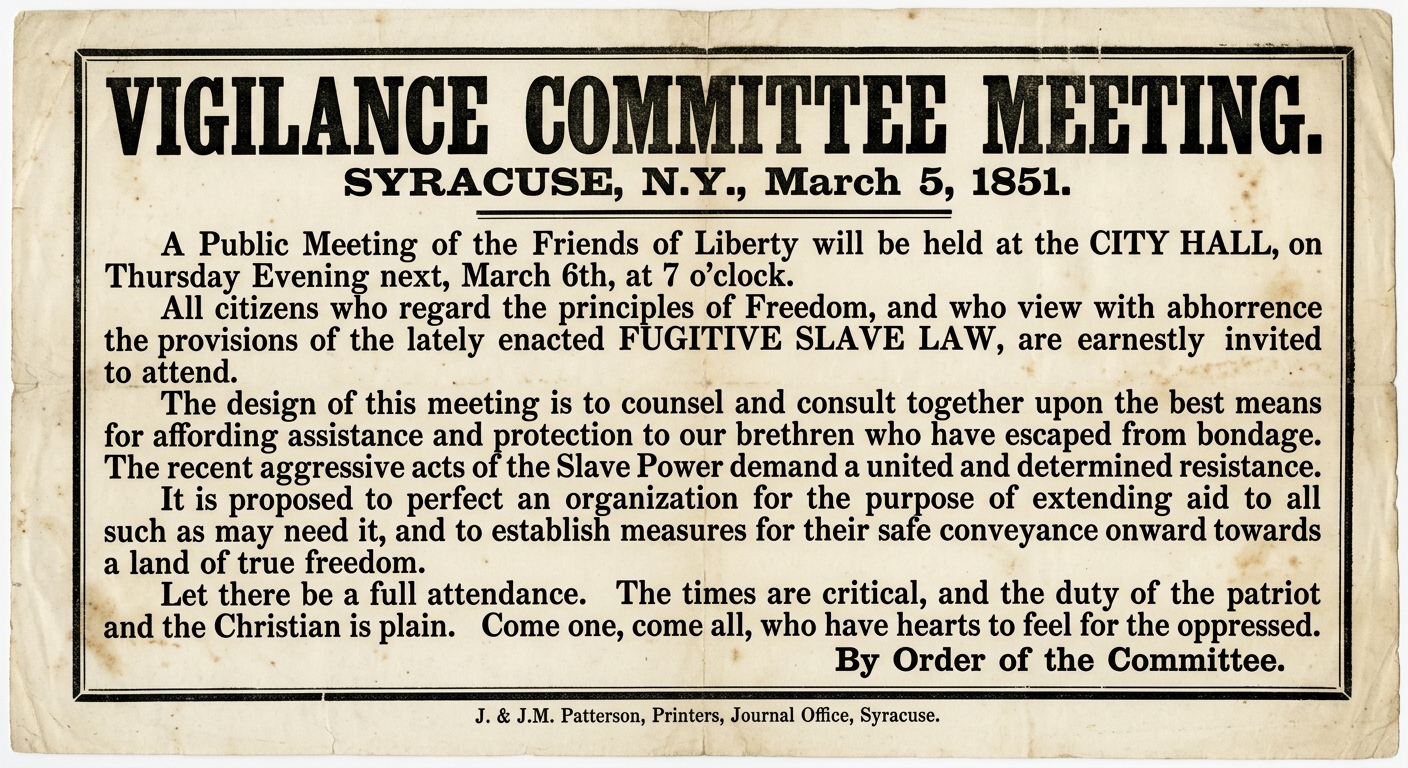 null A dated 1851 notice from Syracuse, New York titled “Vigilance Committee Meeting,” calling friends of liberty to meet and organize aid for fugitives from bondage in response to the Fugitive Slave Law.