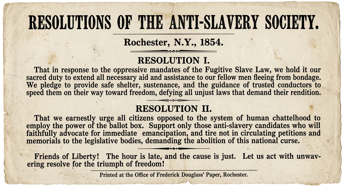 null An 1854 abolitionist broadside titled “Resolutions of the Anti-Slavery Society,” with two resolutions: one calling for aid to fugitives from bondage and another urging political action through voting and petitions.