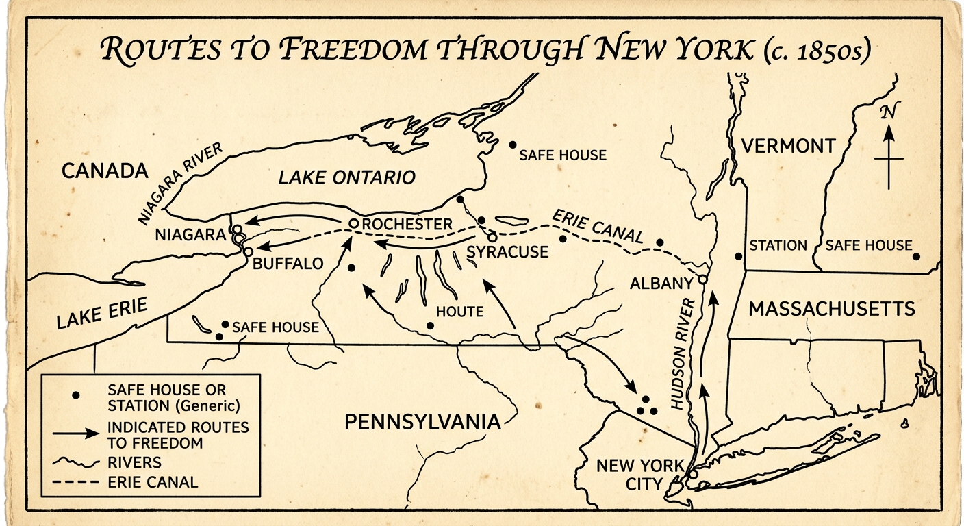 null An aged-paper map titled “Routes to Freedom Through New York (c. 1850s)” showing New York City, Albany, Syracuse, Rochester, Buffalo, waterways like the Hudson River and Erie Canal, and arrows leading toward Canada.
