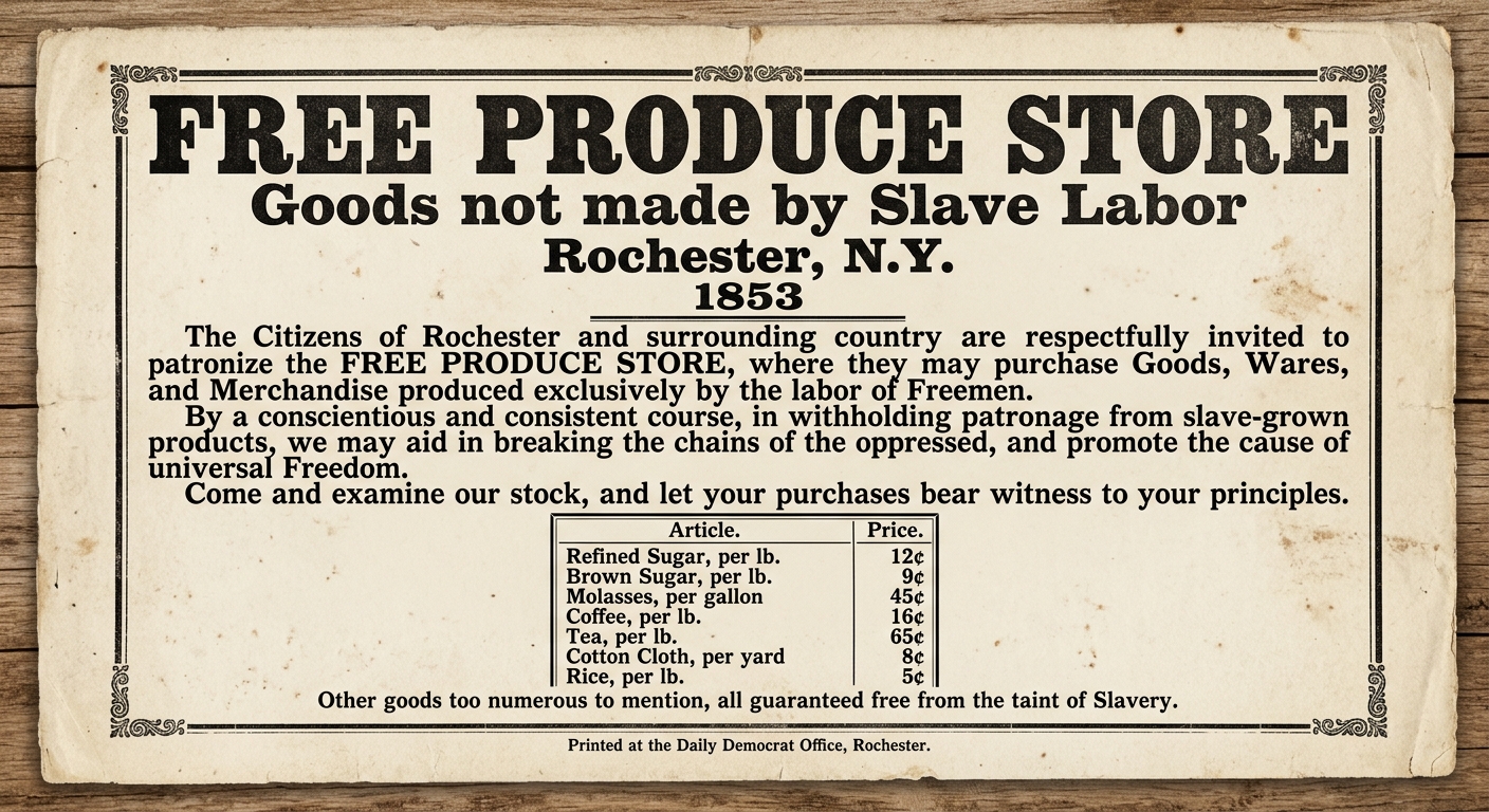 null An 1850s broadside advertisement for a “Free Produce Store” in Rochester, New York, promoting goods not made by enslaved labor and showing a small price list for items like sugar, cotton cloth, tea, and molasses.