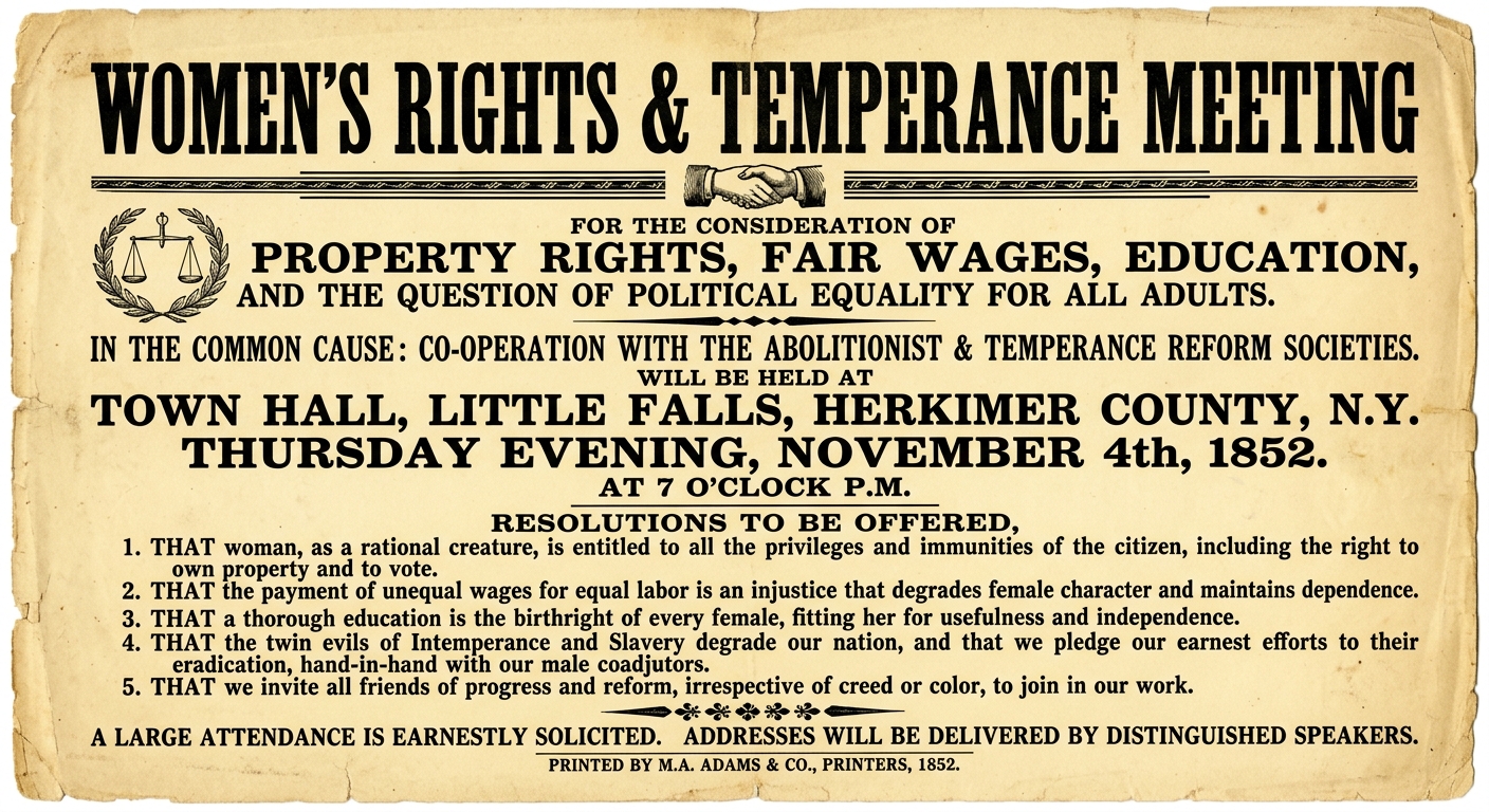 Aged paper handbill titled “Women’s Rights & Temperance Meeting,” listing topics like property rights, fair wages, education, and political equality, with a meeting date, location, and short resolutions in old-style print.