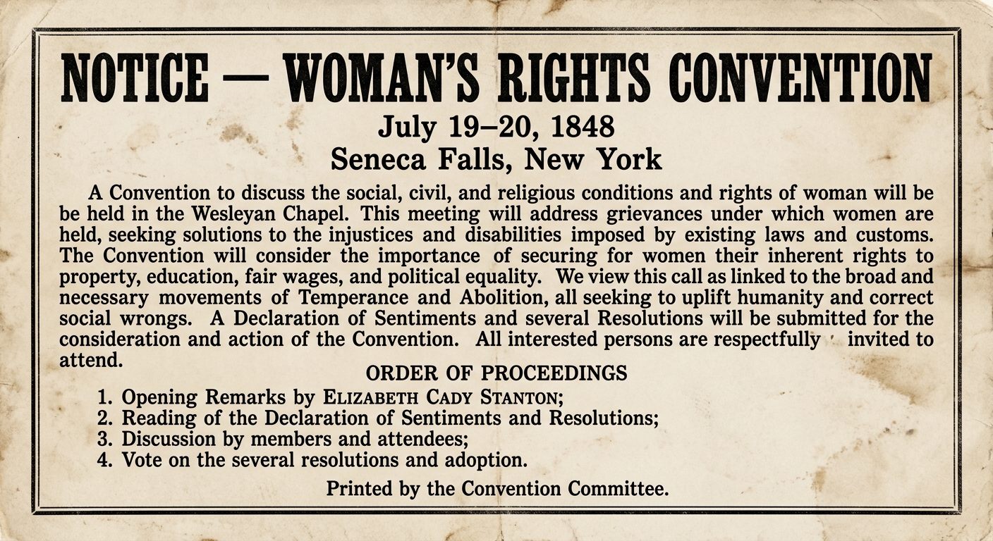 Aged paper broadside titled “Notice — Woman’s Rights Convention,” dated July 19–20, 1848 in Seneca Falls, listing an ordered sequence of proceedings and topics like property rights, education, fair wages, and political equality.