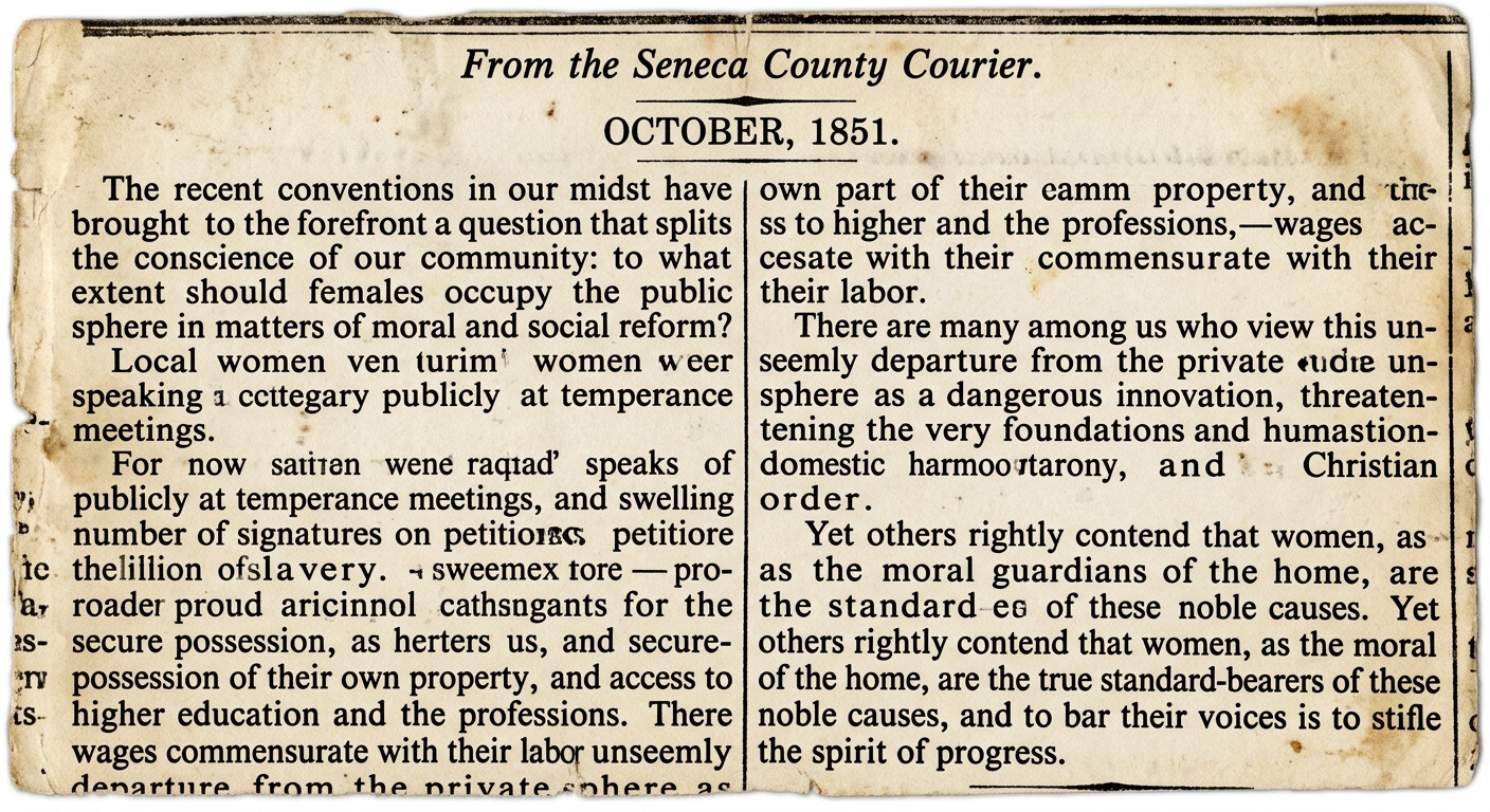 Old newspaper clipping dated in the early 1850s discussing a local debate about women speaking at temperance meetings and supporting abolition petitions, while also calling for property rights, education, and fair wages.