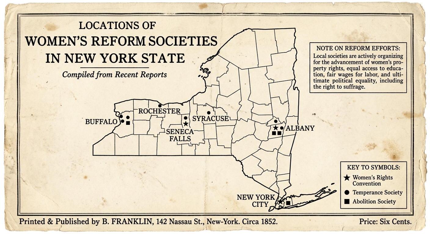 Old-style map of New York State labeled with cities like Seneca Falls, Rochester, Syracuse, Albany, Buffalo, and New York City, using symbols to show women’s rights, temperance, and abolition meeting locations.