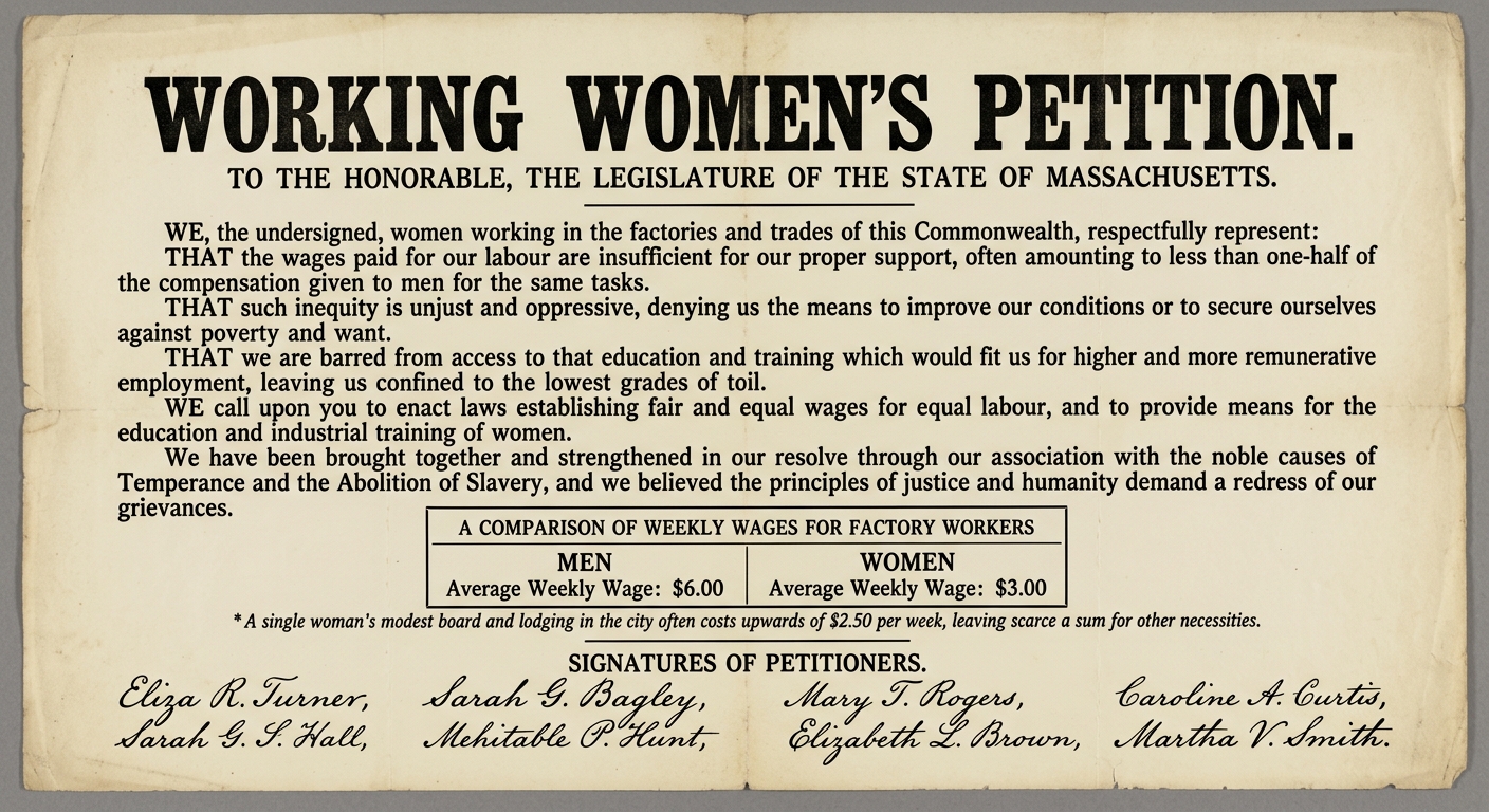 Aged broadside titled “Working Women’s Petition” showing a short petition for fair wages and education and a small table comparing men’s and women’s weekly wages.