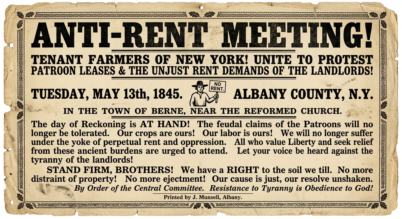 Fictional 1840s Anti-Rent movement broadside calling tenant farmers in New York to a protest meeting.