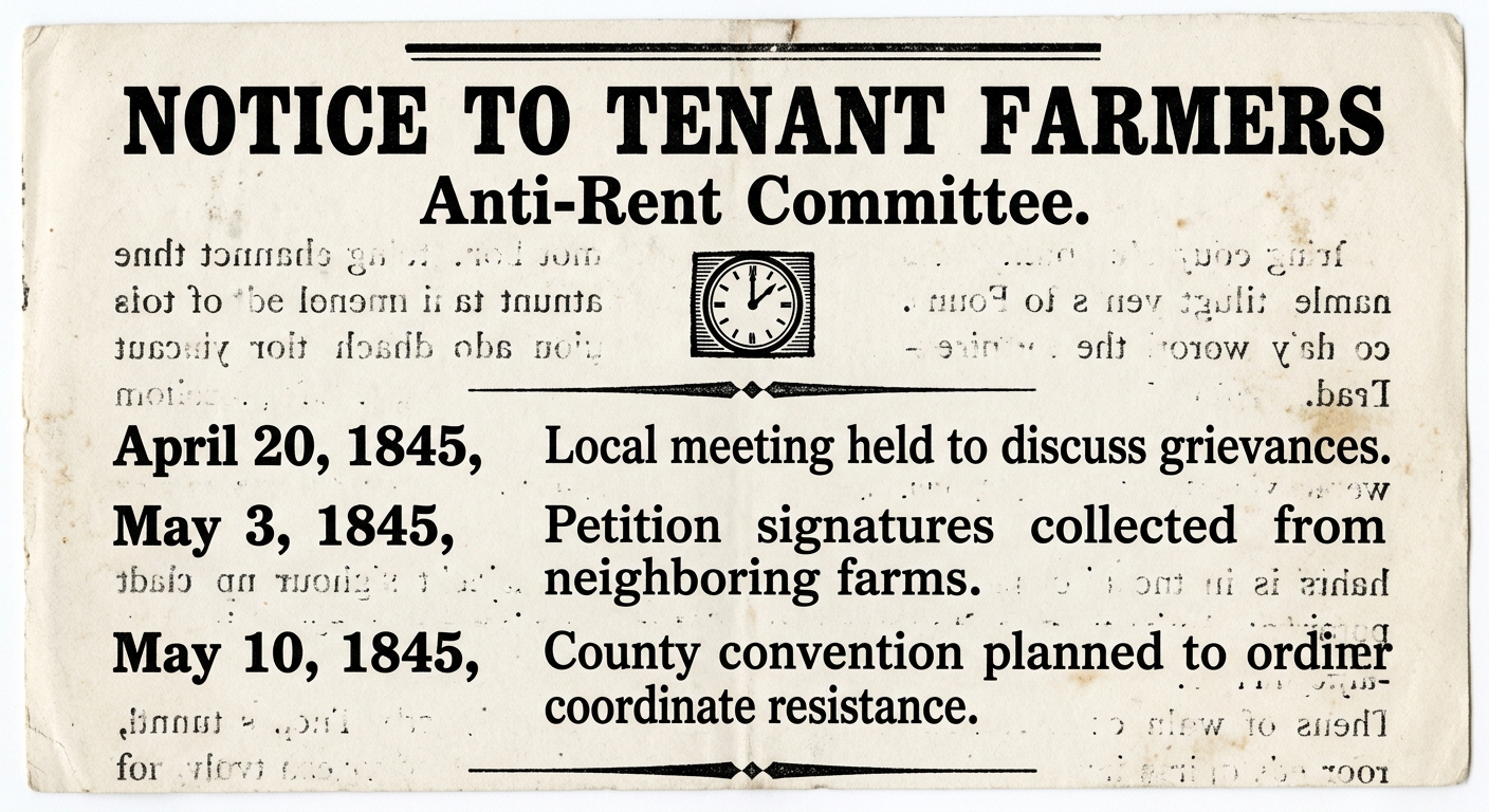 Fictional 1845 newspaper notice from an Anti-Rent committee listing dated events leading up to a tenant farmer meeting.