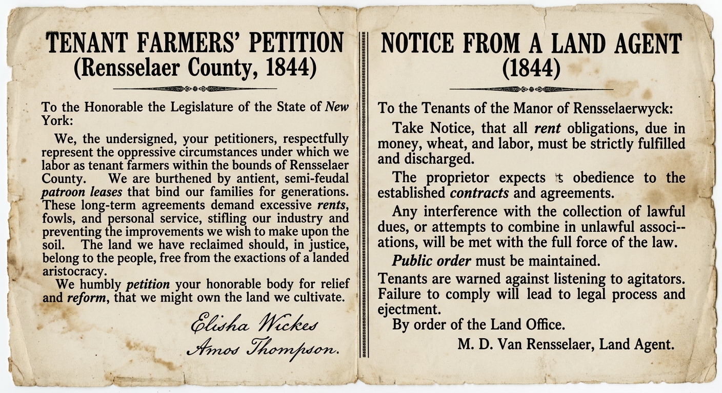 Fictional 1844 document set with a tenant farmer petition excerpt and a land agent notice excerpt about rent and patroon leases in New York.