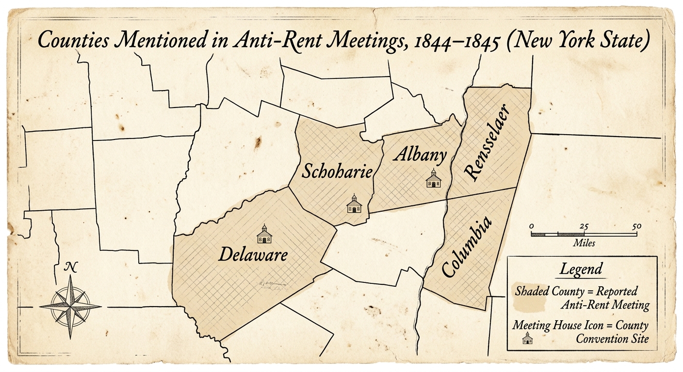 Fictional 1840s-style map of New York State showing several counties shaded for reported Anti-Rent meetings, with a legend and meeting-site symbols.