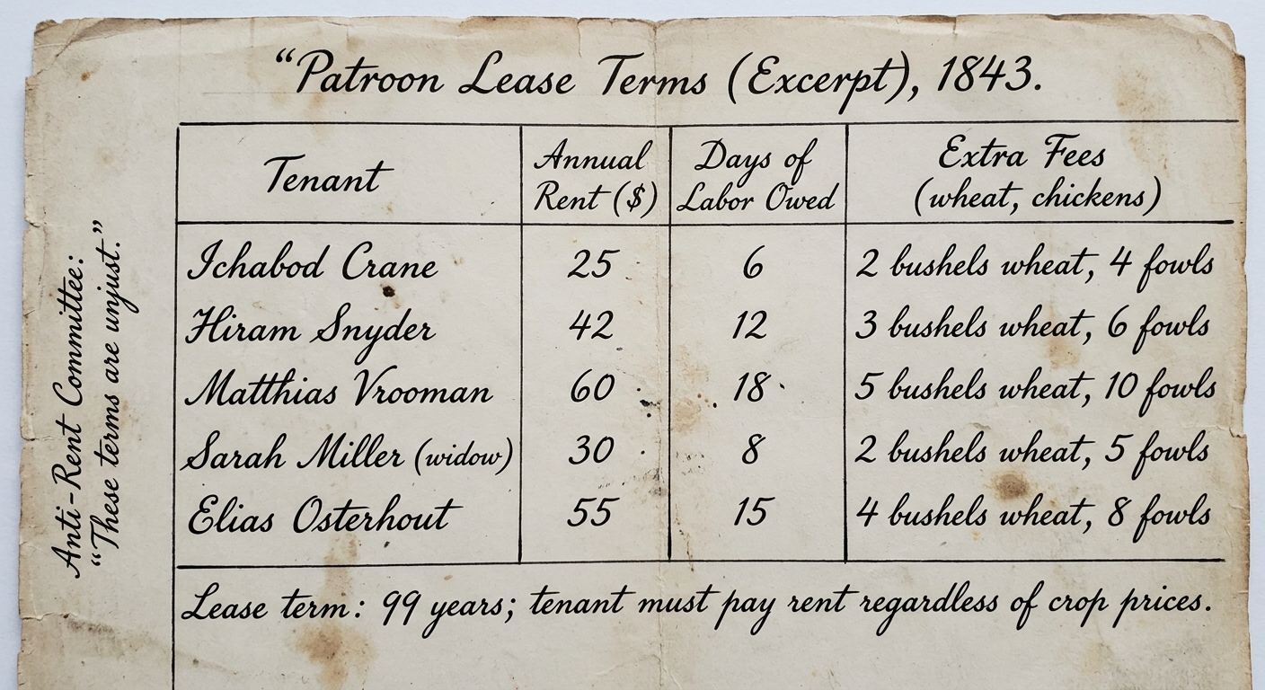 Fictional 1843 patroon lease and rent ledger excerpt showing annual rent, labor owed, and extra fees for tenant farmers.
