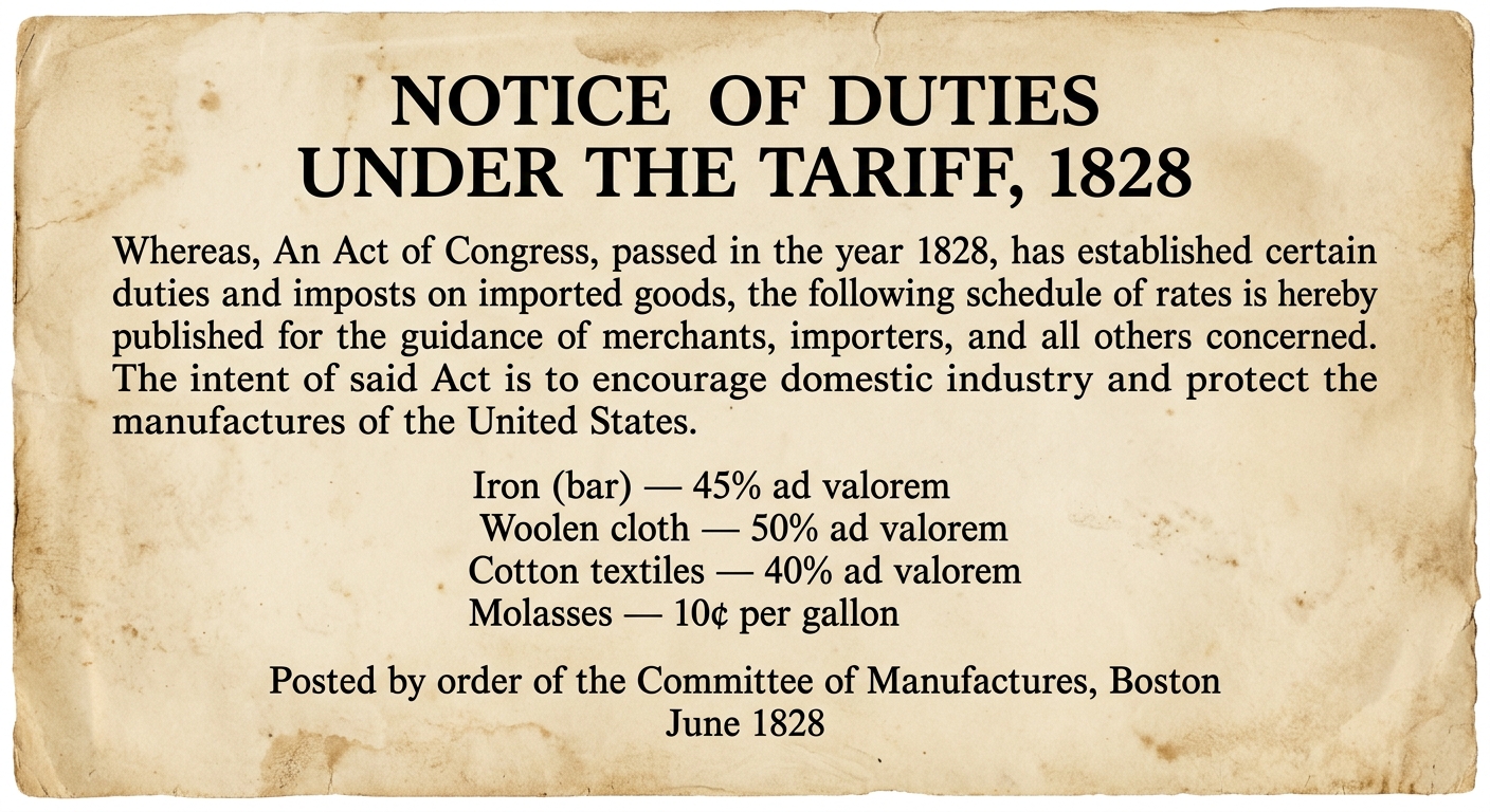 null A fictional 1828 printed broadside titled "Notice of Duties Under the Tariff, 1828" with a small table listing tariff rates on iron, woolen cloth, cotton textiles, and molasses, and a closing line signed by a Committee of Manufactures in Boston.
