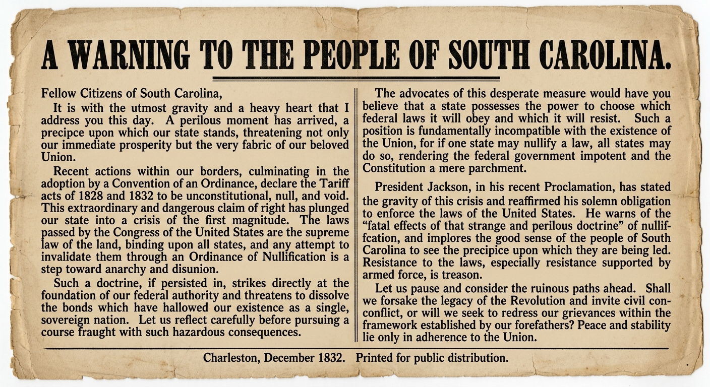 null A fictional 1832 printed handbill titled "A Warning to the People of South Carolina" that mentions the tariffs of 1828 and 1832, the Ordinance of Nullification, the Union, and federal authority, with a footer reading "Charleston, December 1832."