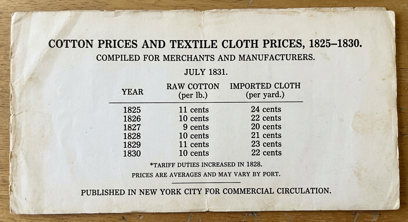 null A fictional 1831 printed price table titled "Cotton Prices and Textile Cloth Prices, 1825–1830" listing years with prices for raw cotton per pound and imported cloth per yard, with a note that tariff duties increased in 1828.