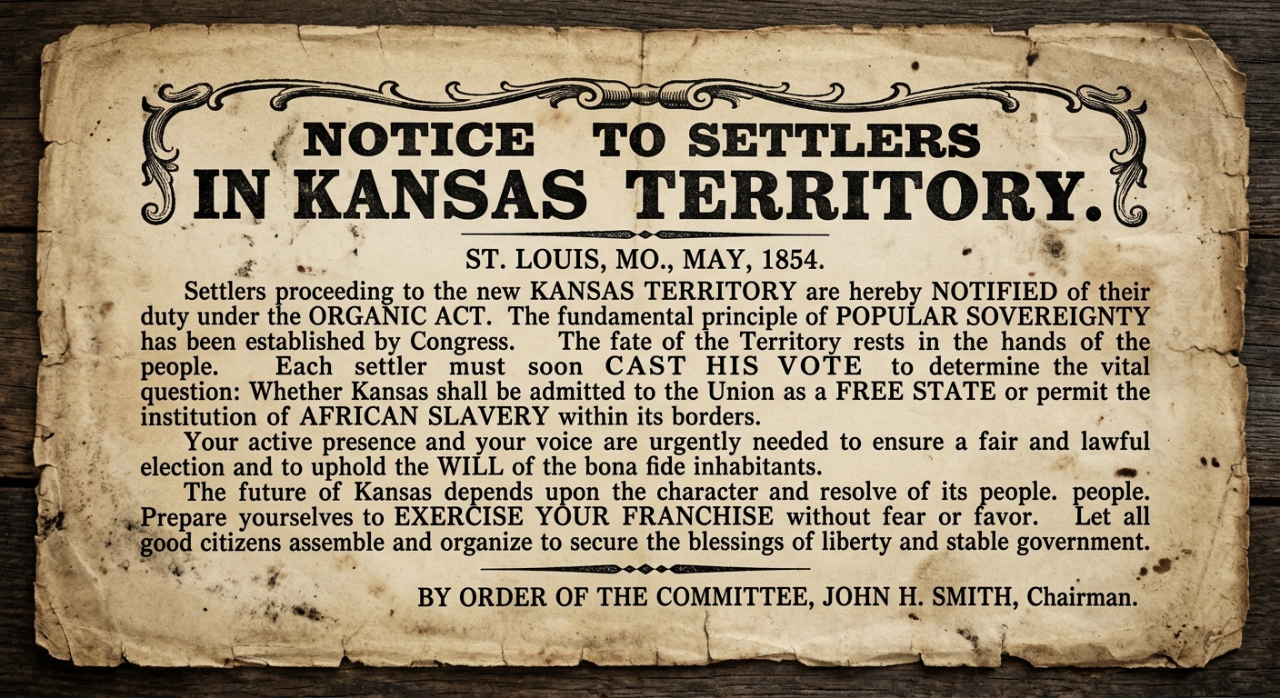 A sepia-toned 1854 printed handbill titled “Notice to Settlers in Kansas Territory,” dated St. Louis, May 1854, discussing popular sovereignty and voting on slavery in Kansas.