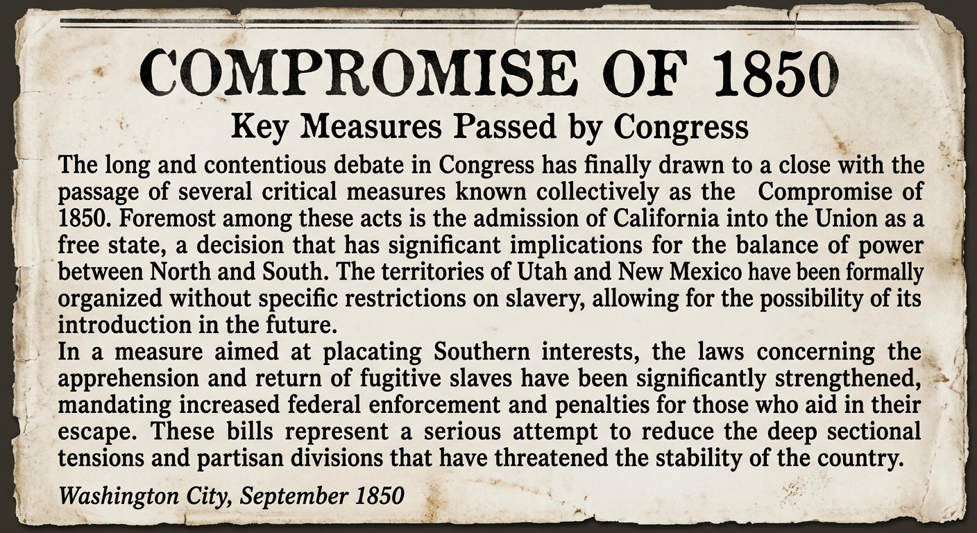 A scanned 1850 newspaper clipping titled “Compromise of 1850,” dated Washington City, September 1850, summarizing California’s admission and other measures including stronger fugitive slave enforcement.