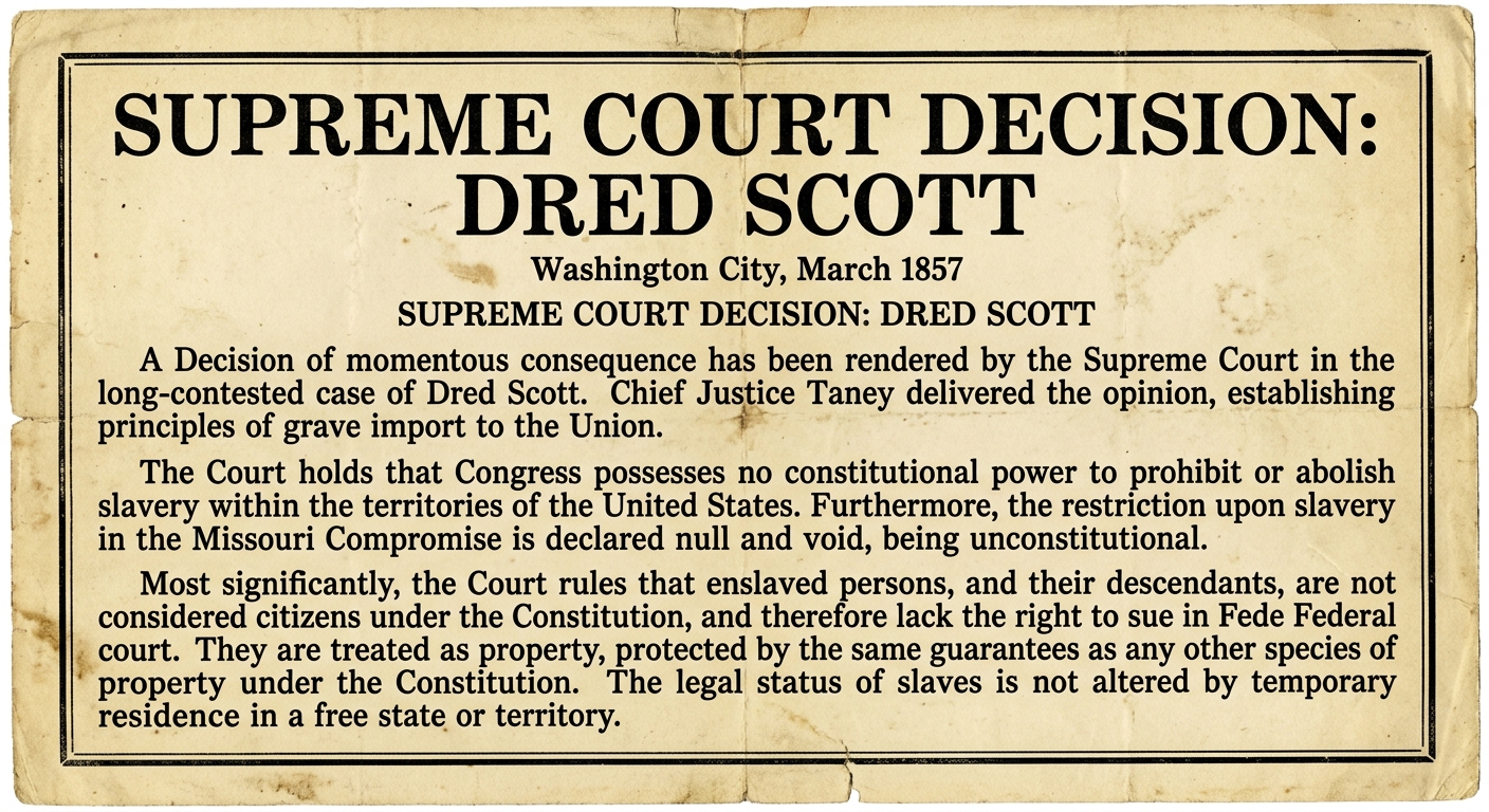 A scanned 1857 newspaper broadside titled “Supreme Court Decision: Dred Scott,” dated Washington City, March 1857, summarizing the ruling about slavery in the territories.