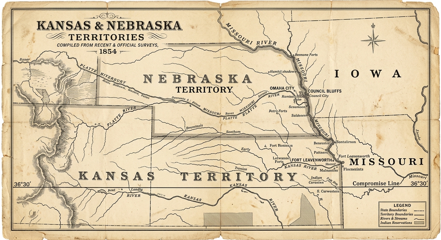 An engraved-style 1854 map labeled “Kansas & Nebraska Territories,” showing Missouri and Iowa nearby, the Missouri River, and the 36°30′ reference line.