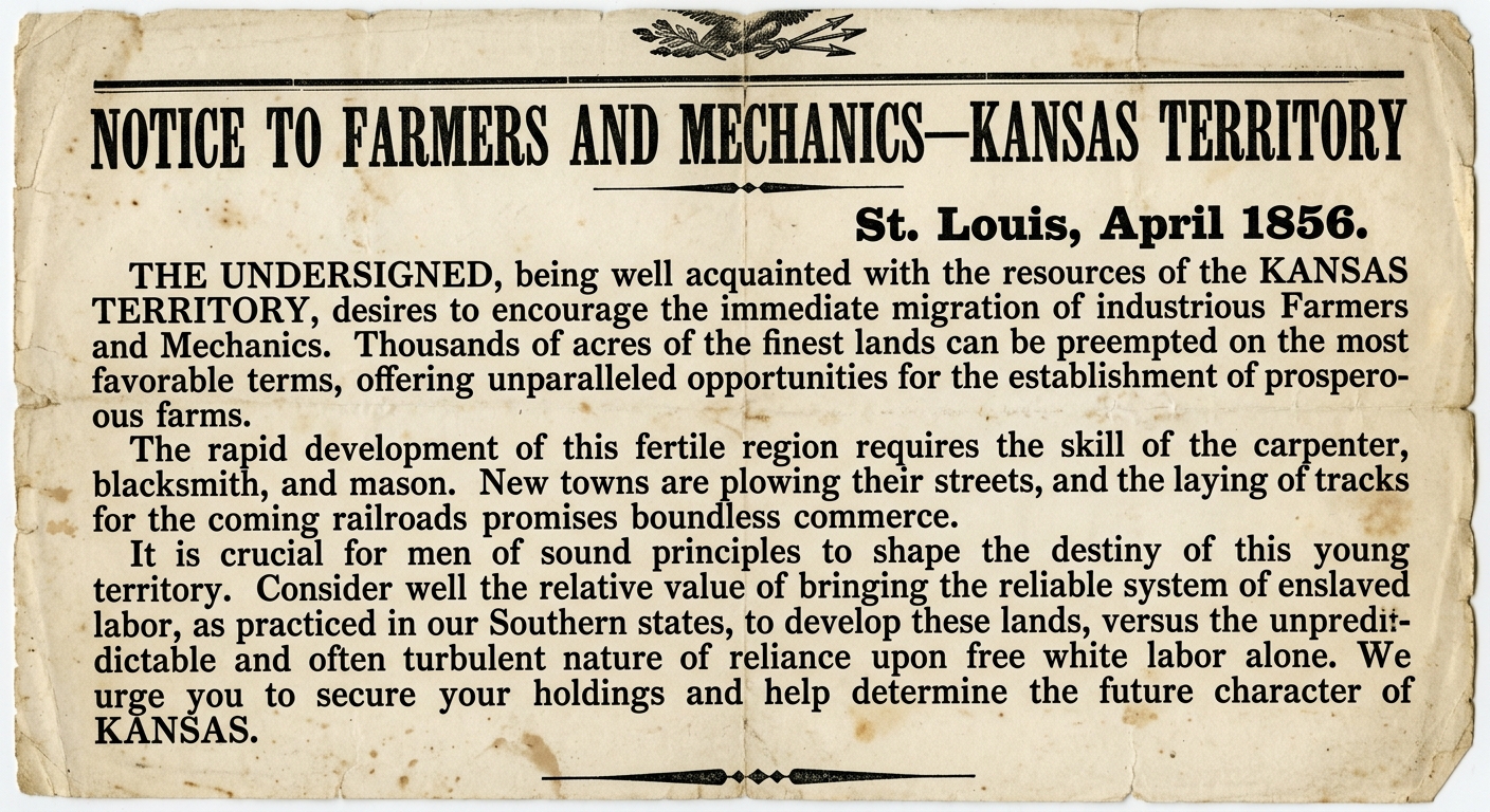 A scanned 1856 broadside titled “Notice to Farmers and Mechanics—Kansas Territory,” dated St. Louis, April 1856, promoting cheap land and debating free labor versus enslaved labor.